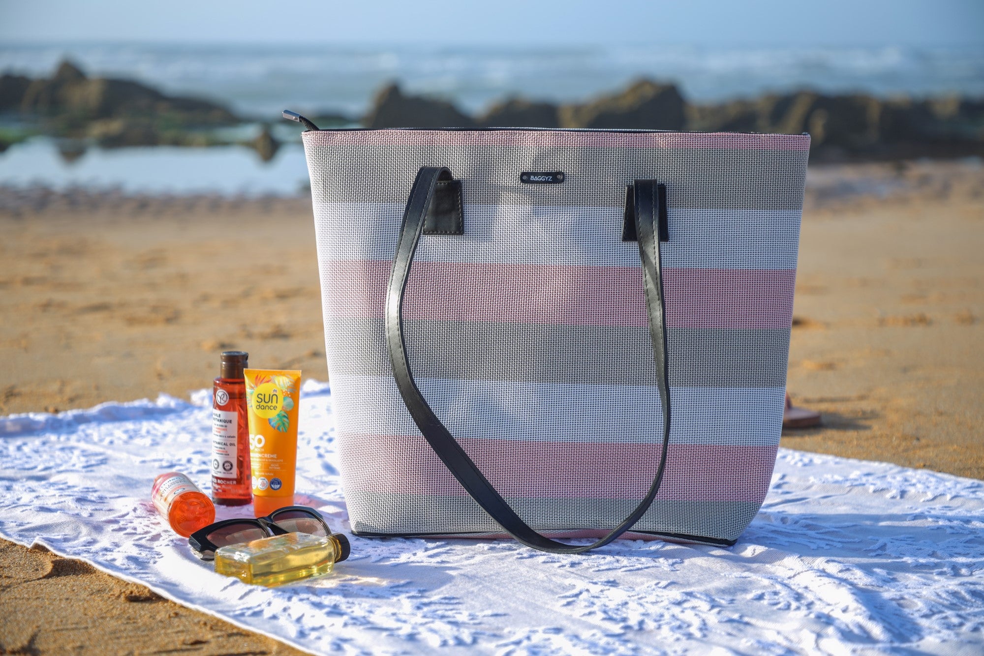 SAC DE PLAGE RAYÉ EN ROSE