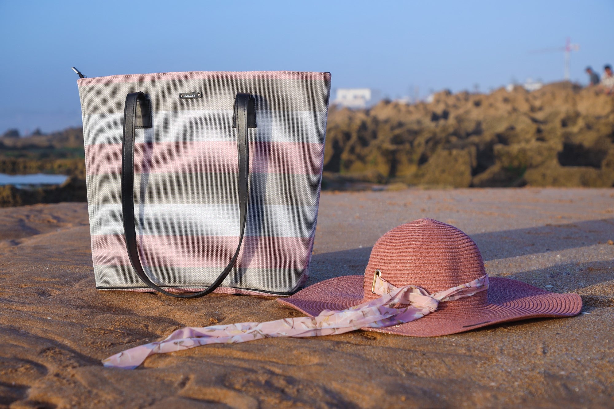 SAC DE PLAGE RAYÉ EN ROSE