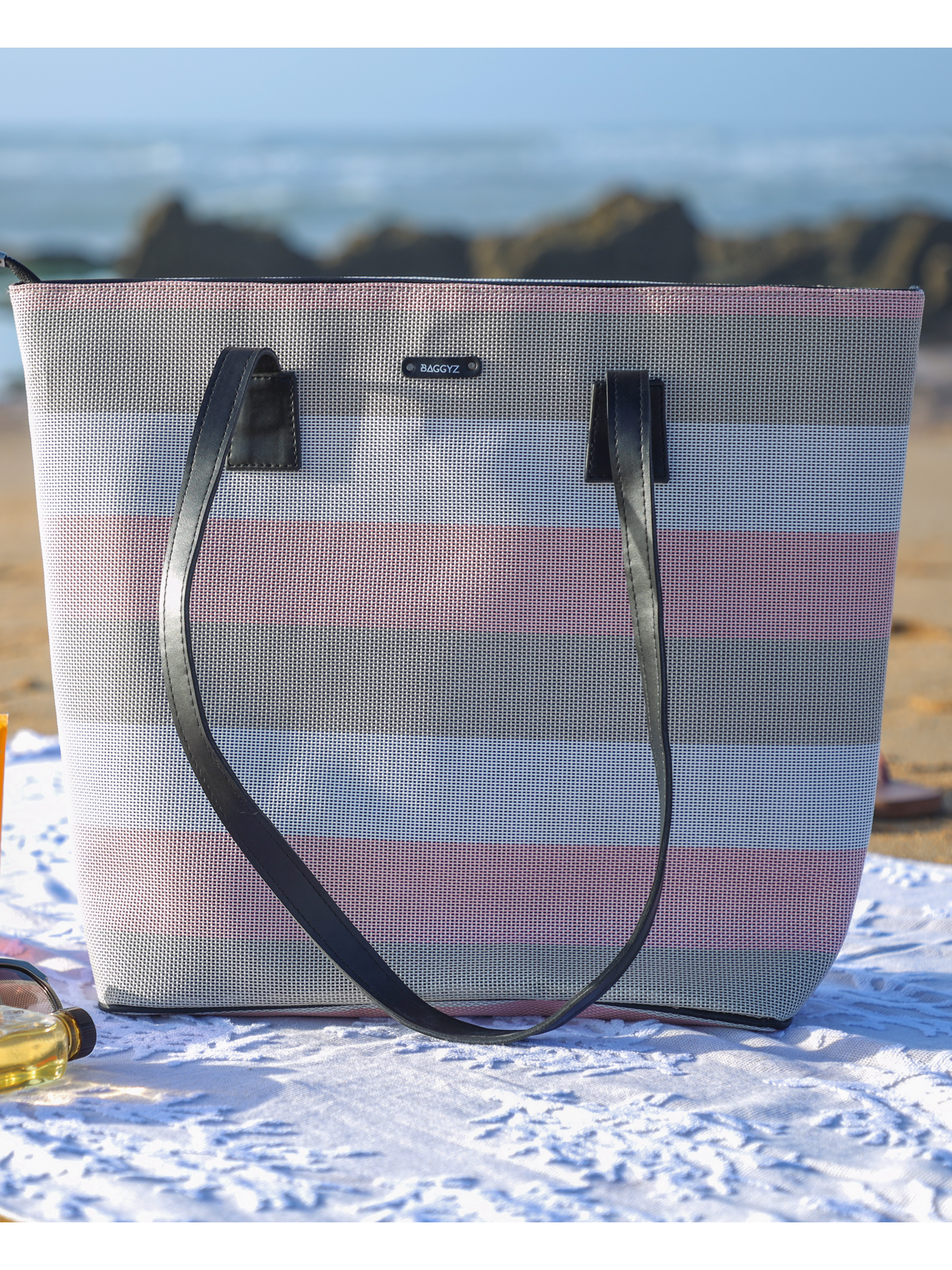 SAC DE PLAGE RAYÉ EN ROSE